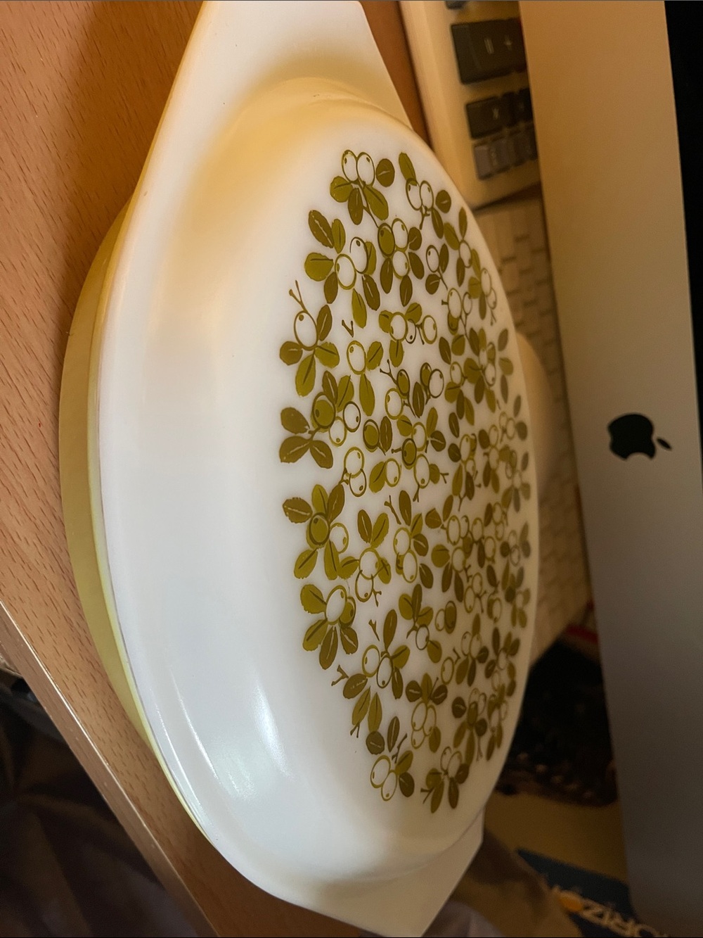 Pyrex White Milk Glass Covered Casserole Dish with Olive Green Floral Pattern